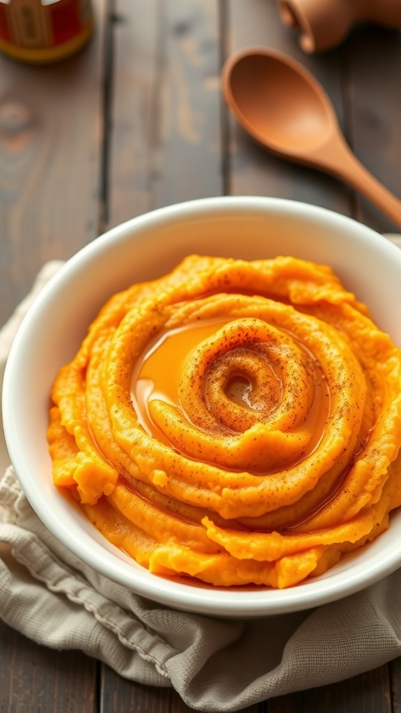 Creamy Mashed Honey Sweet Potatoes Recipe Creamy mashed honey sweet potatoes in a bowl, drizzled with honey and sprinkled with cinnamon, on a rustic table.